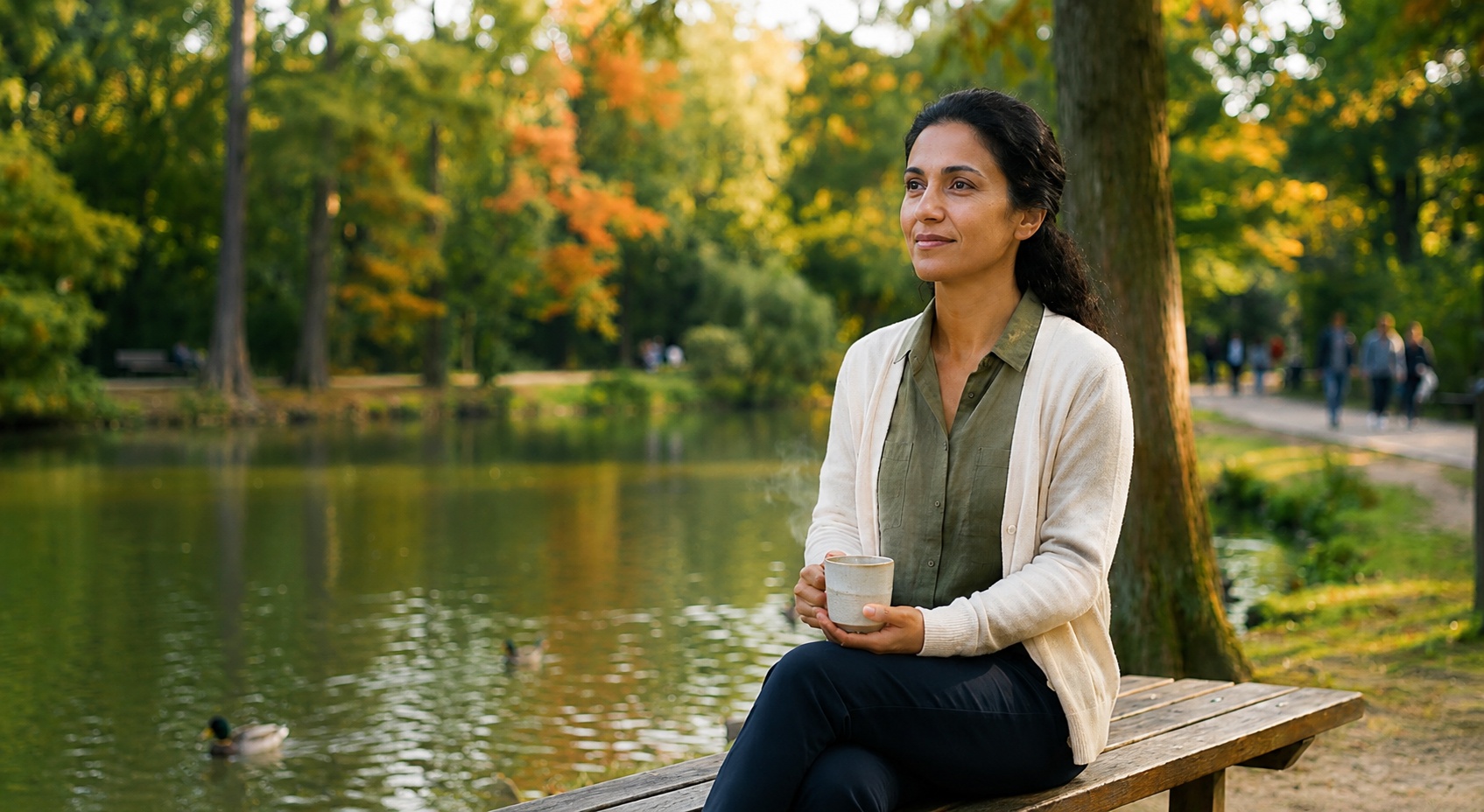 calm woman over 40 sitting in park