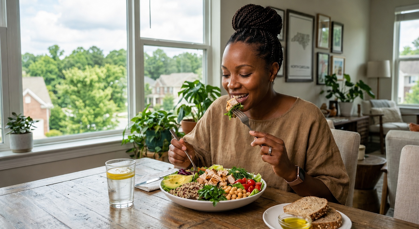 woman eating healthy high protein meal