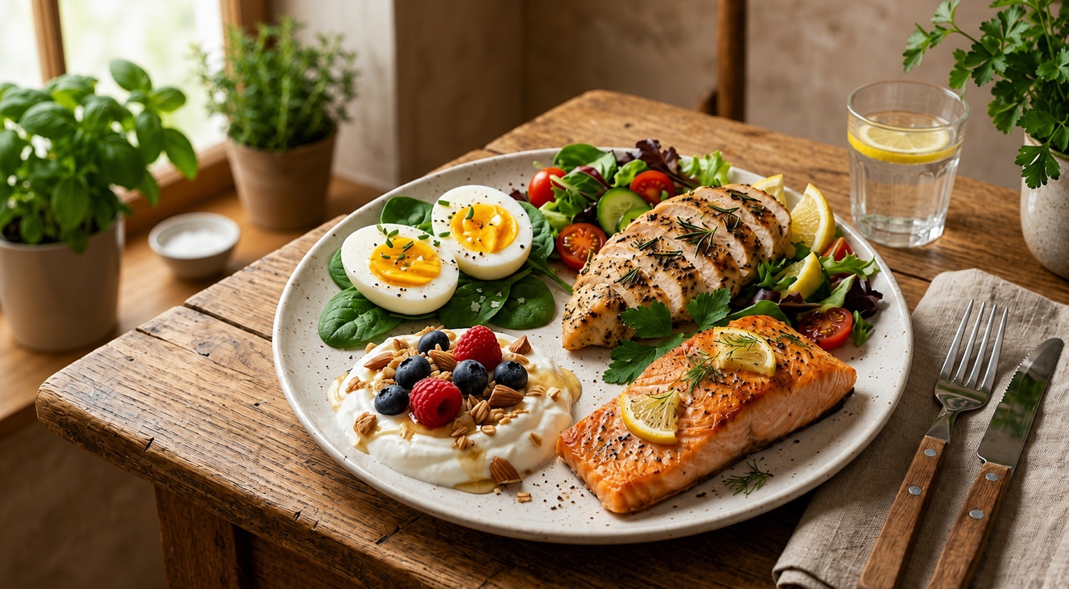 high protein foods flatlay women over 40