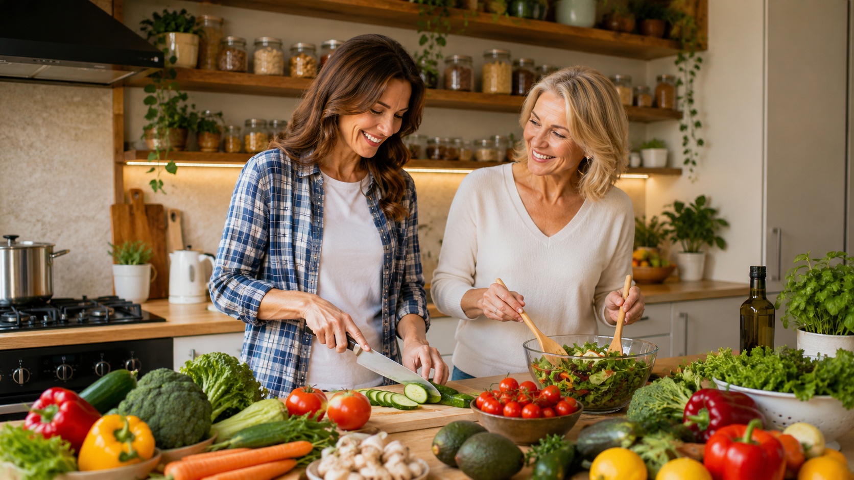 woman cooking healthy meal kitchen ingredients over 40