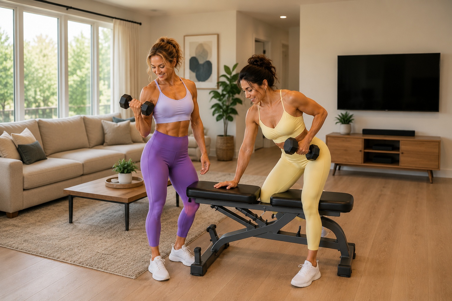 woman strength training dumbbell home workout over 40 muscle