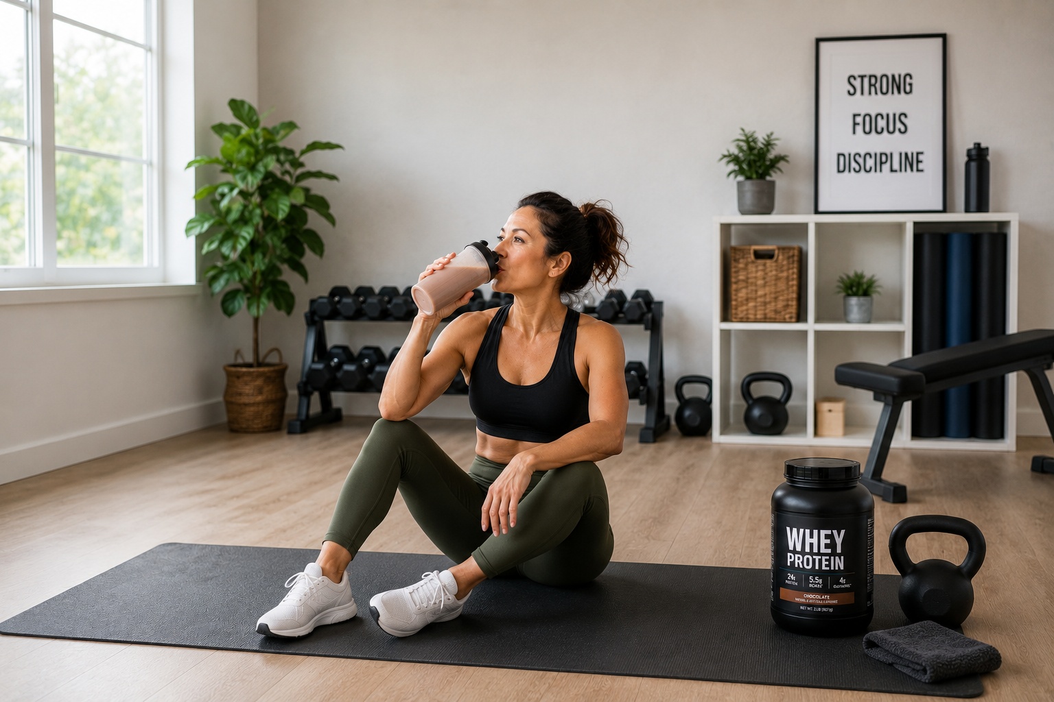 woman drinking protein shake morning workout over 40